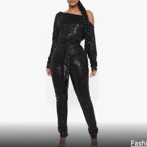 NWT All Eyes On Me Sequin Jumpsuit - Black Fashion Nova XL